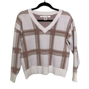 Max Studio V-Neck Sweater Long Sleeve Ribbed‎ Hem Plaid Pullover Brown White L